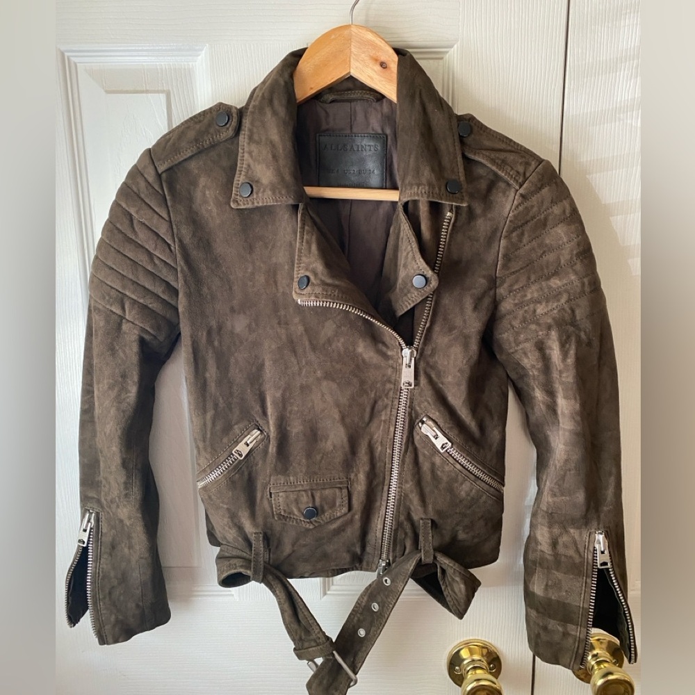 ALLSAINTS Hitchen Graphite Dark Brown 100% Goat Leather Suede Moto Jacket 2 - Picture 3 of 16